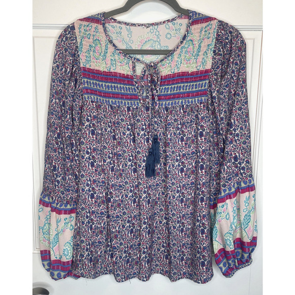 Grace + Karma Women's Peasant Floral Top Size L Smocked Blouse Flowy Tassel - Picture 1 of 14